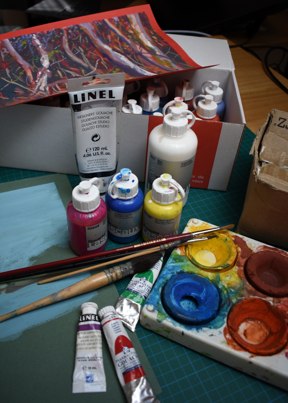Matériel de gouache : biberons, tubes, pinceaux, pastilles de couleur, et deux peintures à la gouache